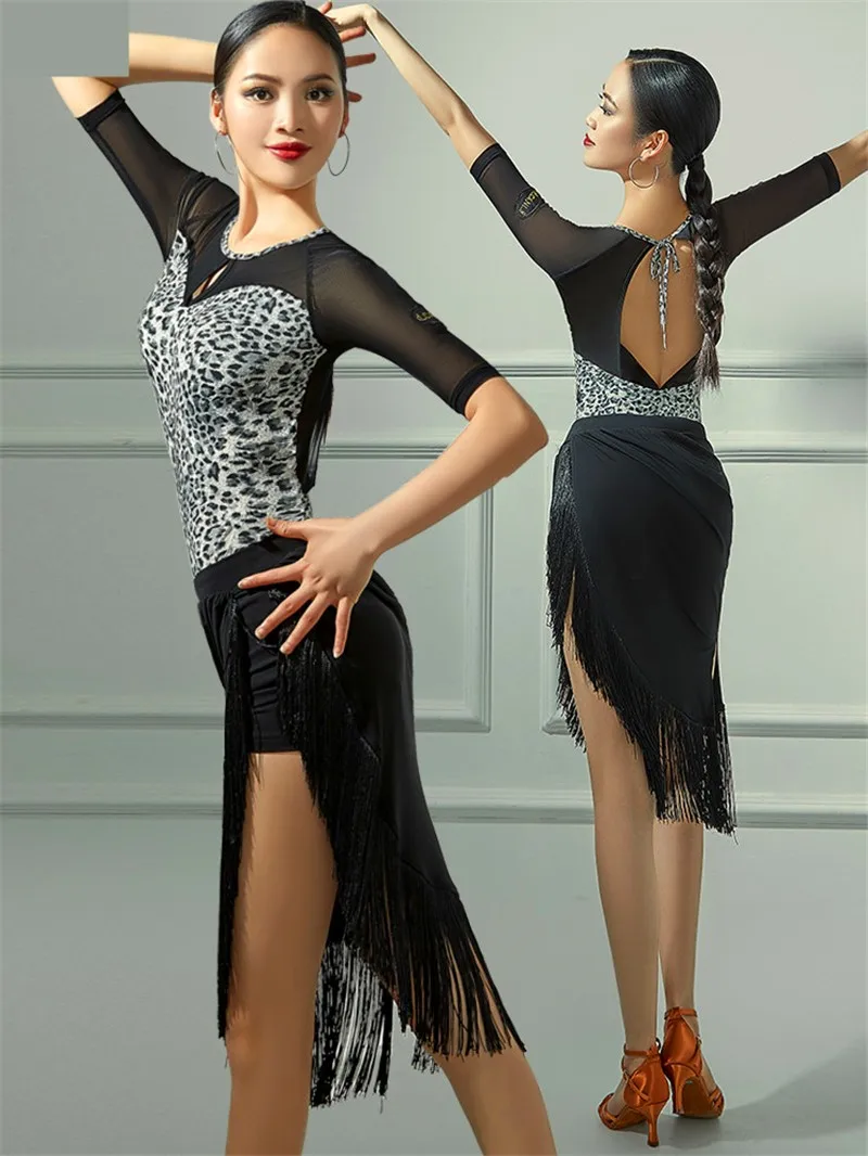 Latin Dance Dress Adult Leopard Print Female Sexy Women Latin Style Costume Dance Dress Practice Clothes Competition Dresses