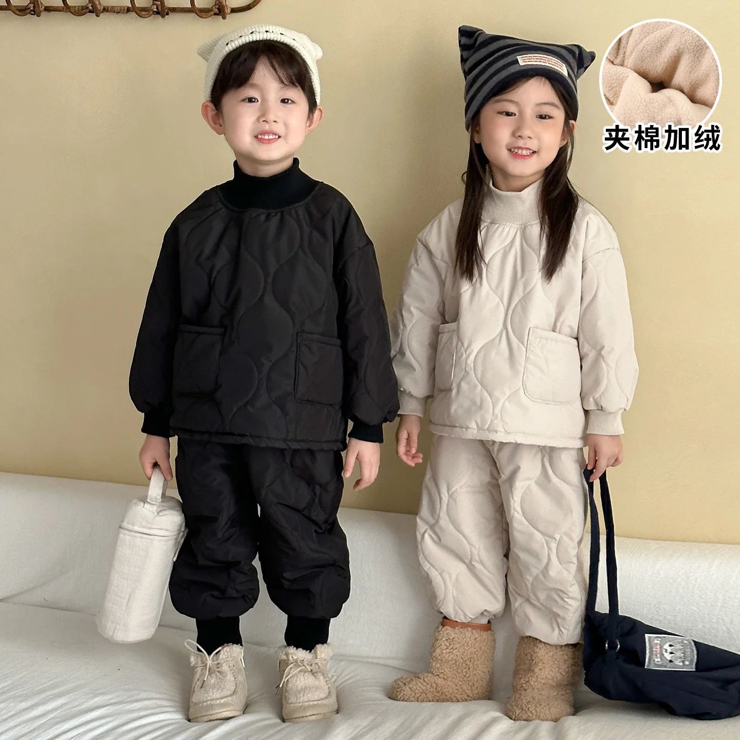 

2025 Winter New Children Plus Velvet Thick Clothes Set Boys Girls Padded Jacket + Pants 2pcs Suit Solid Kids Fleece Warm Outfits