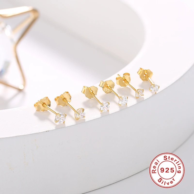 ROXI INS Mini Four-claw Zircon Crystal Stud Earrings for Women Piercings Pendientes 2.5mm/3mm/3.5mm 925 Sterling Silver Earring