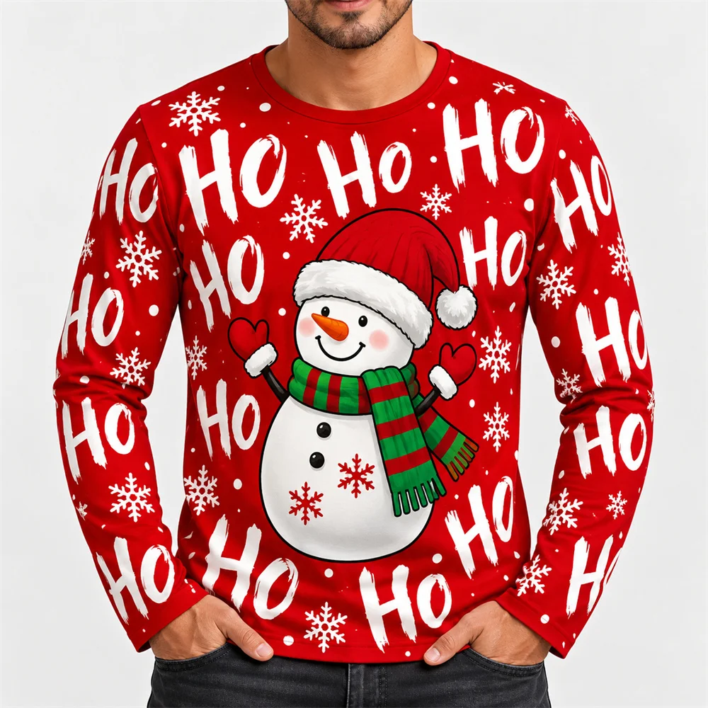 Christmas Cute Snowman Long Sleeve T Shirt For Men 3D Print Ho Ho Ho Graphic Funny Santa Claus Crew Neck Top Holiday Party Wear
