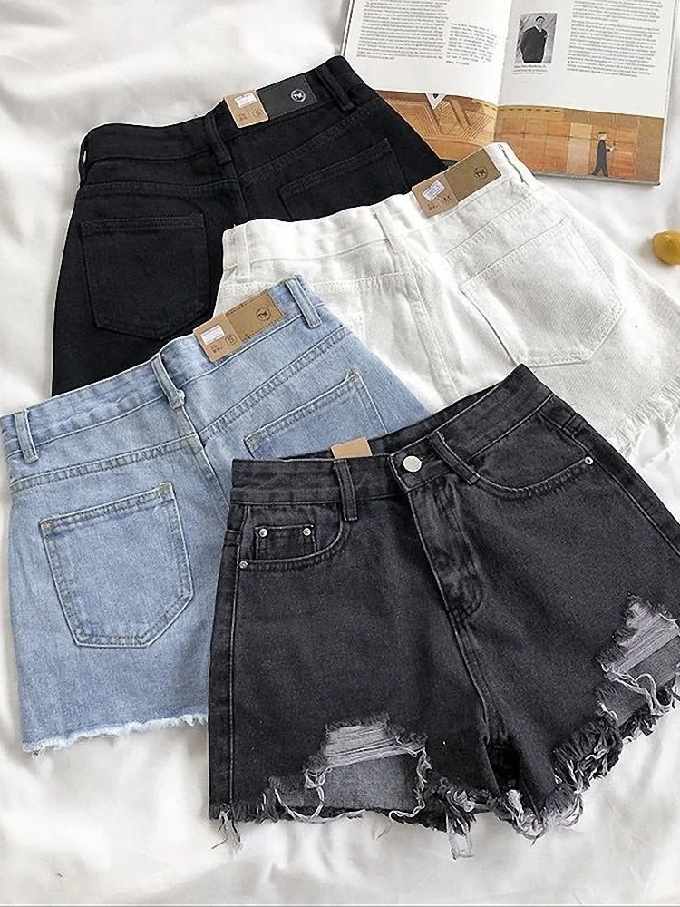 

Summer Women's Loose Slimming Wide Leg Hot Pants High Waist Faionable Ripped Frayed Jeans orts Korean Sle Casual orts