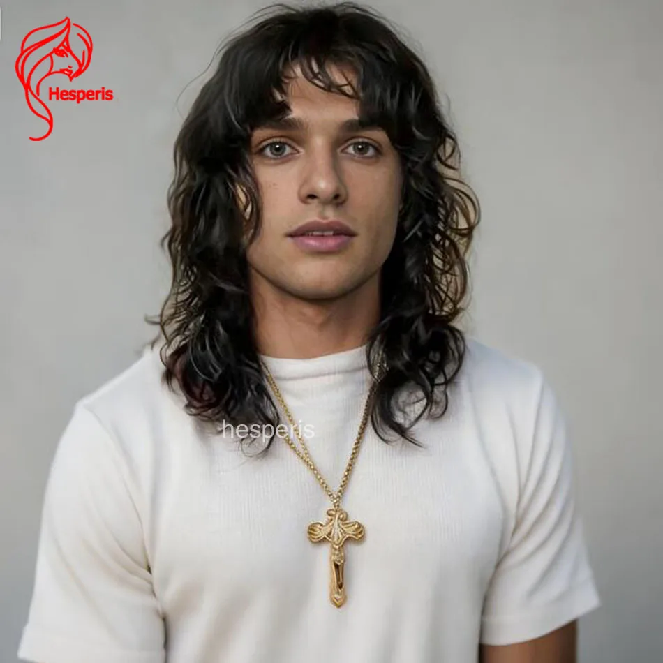 

Hesperis Retro Style Wavy Wig for Boys 13x6 Lace Front Human Hair Natural Wave with Bangs Remy Hair Short Cut Men's Wig