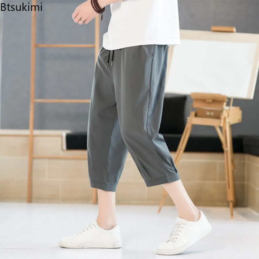 Summer New Men's Loose Casual Trousers Breathable Solid Drawstring Sport Pants Thin Style Quick Drying Joggers Men Capris Shorts