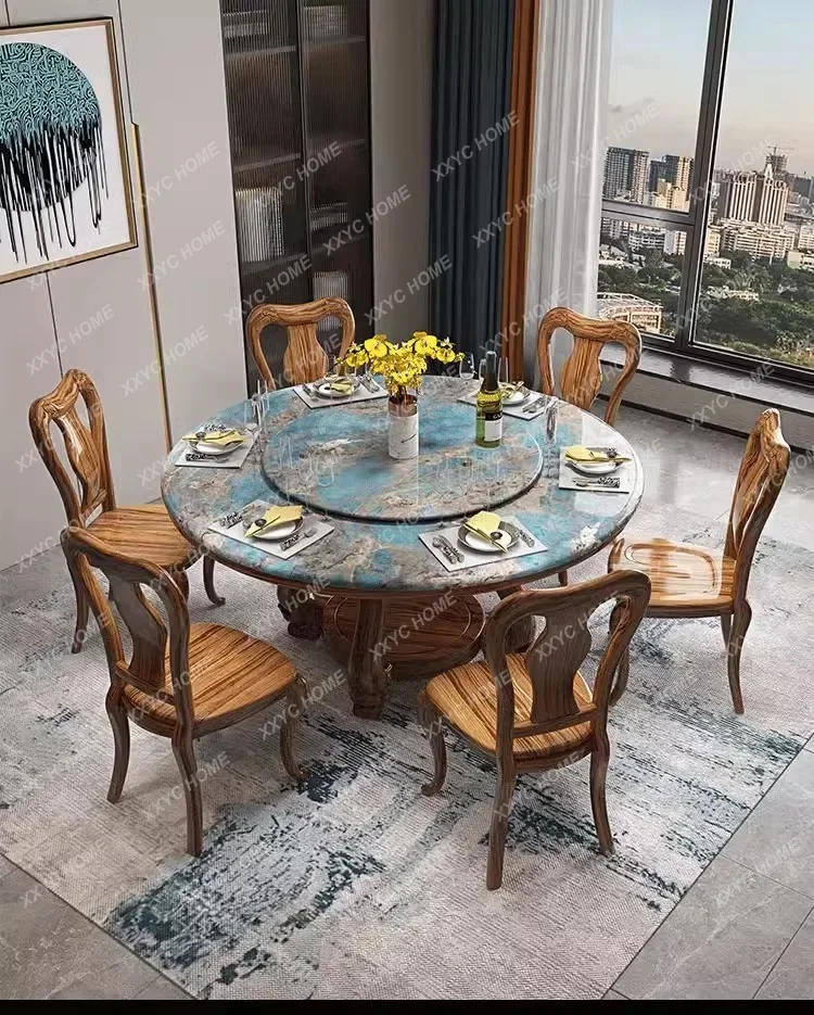 solid wood dining table and chair combination with turntable for 8 people, simple and modern