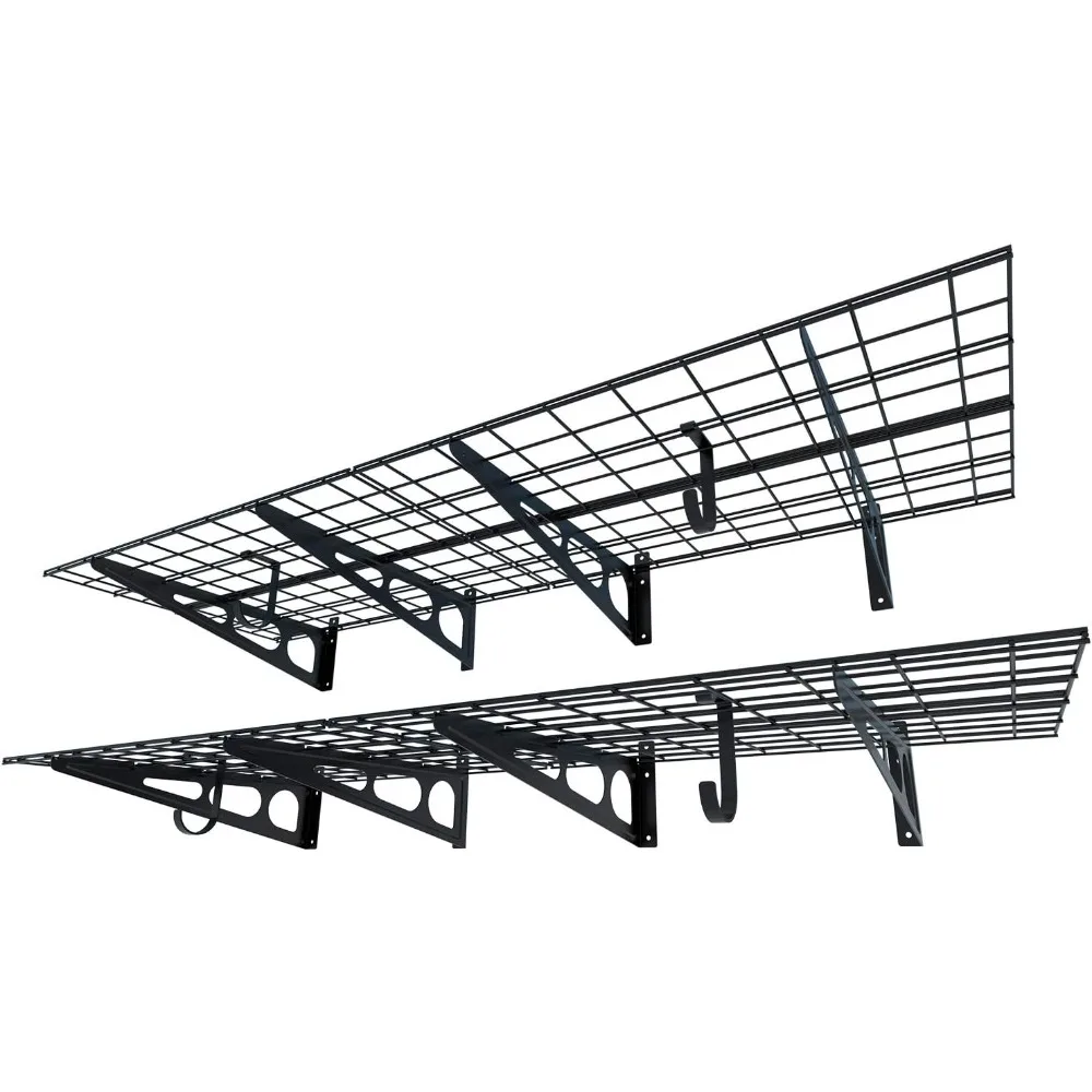 2-Pack 2x6ft Garage Shelving with Hooks 24-inch-by-72-inch Wall Shelf Garage Storage Racks Floating Shelves, Black