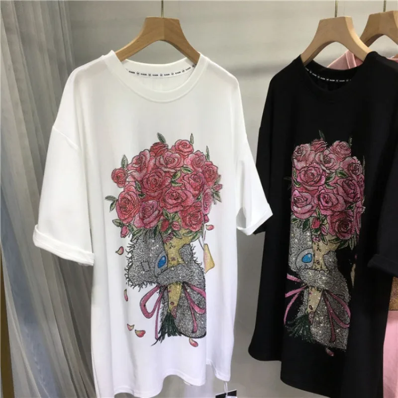 

High Quality Summer Chubby Girl Oversized Hot Diamond T Shirt Women Casual Versatile Slim Women Clothes O-Neck Mid Length Tops