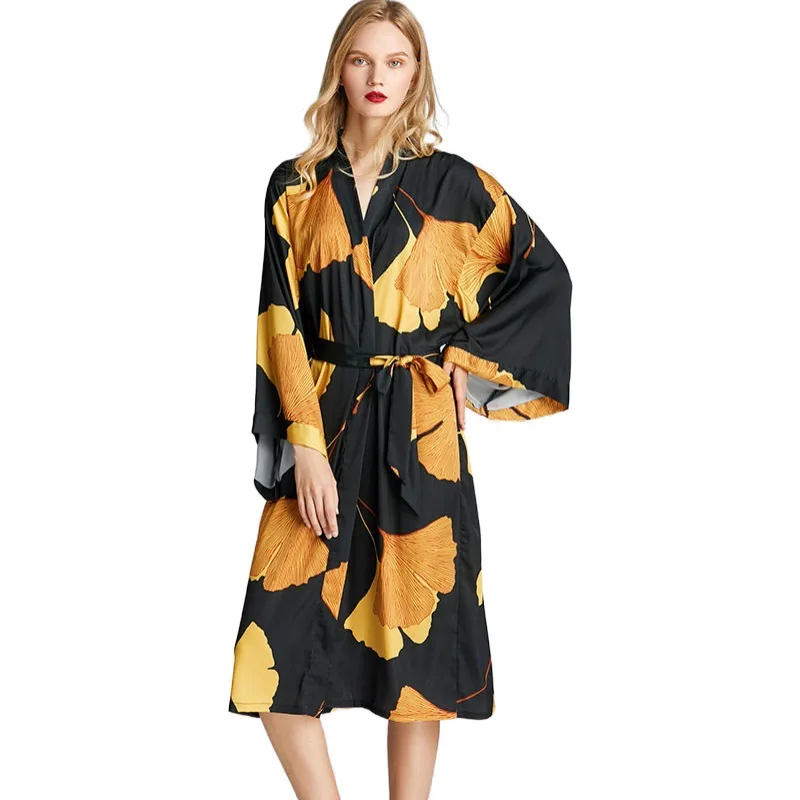 Female Black Long Robe Nightgown Sexy Print Ginkgo Leaf Kimono Bathrobe Gown Sleepwear Spring Summer Loose Satin Home Dress