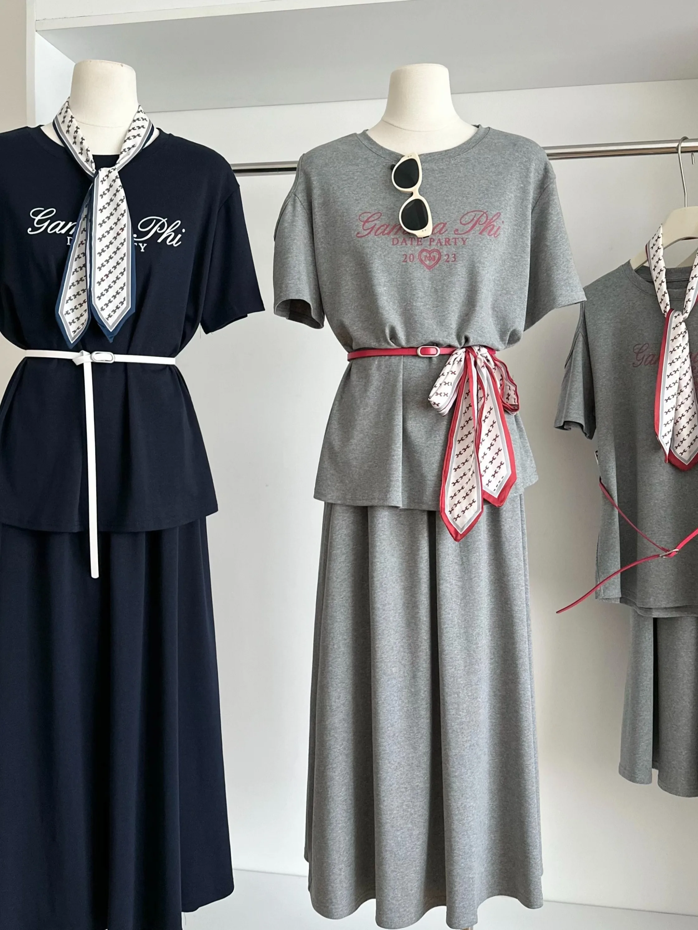 Корейский Sle Simple Agel Шелковый шарф с завязкой на талии Свободная круглая футболка Ne ort Sve с высокой талией Dra f Юбка Две...