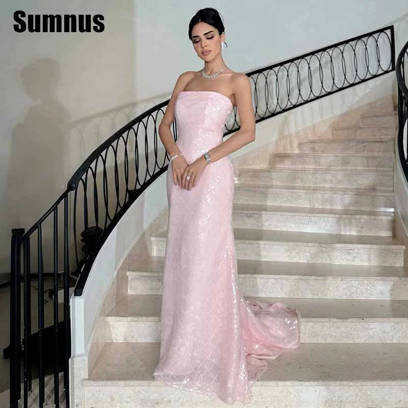 

Sumnus Elegant Mermaid Prom Dress Pink Strapless Sleeveless Pleats Floor Length Evening Dresses فساتين سهرة Customized
