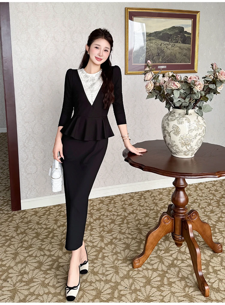 Lente Mode Nep Twee Stukken Splicing Ruches Jurken Vestidos 2025 Herfst Vrouwen Luxe Kralen Lange Mouwen Slanke Bodycon Jurk