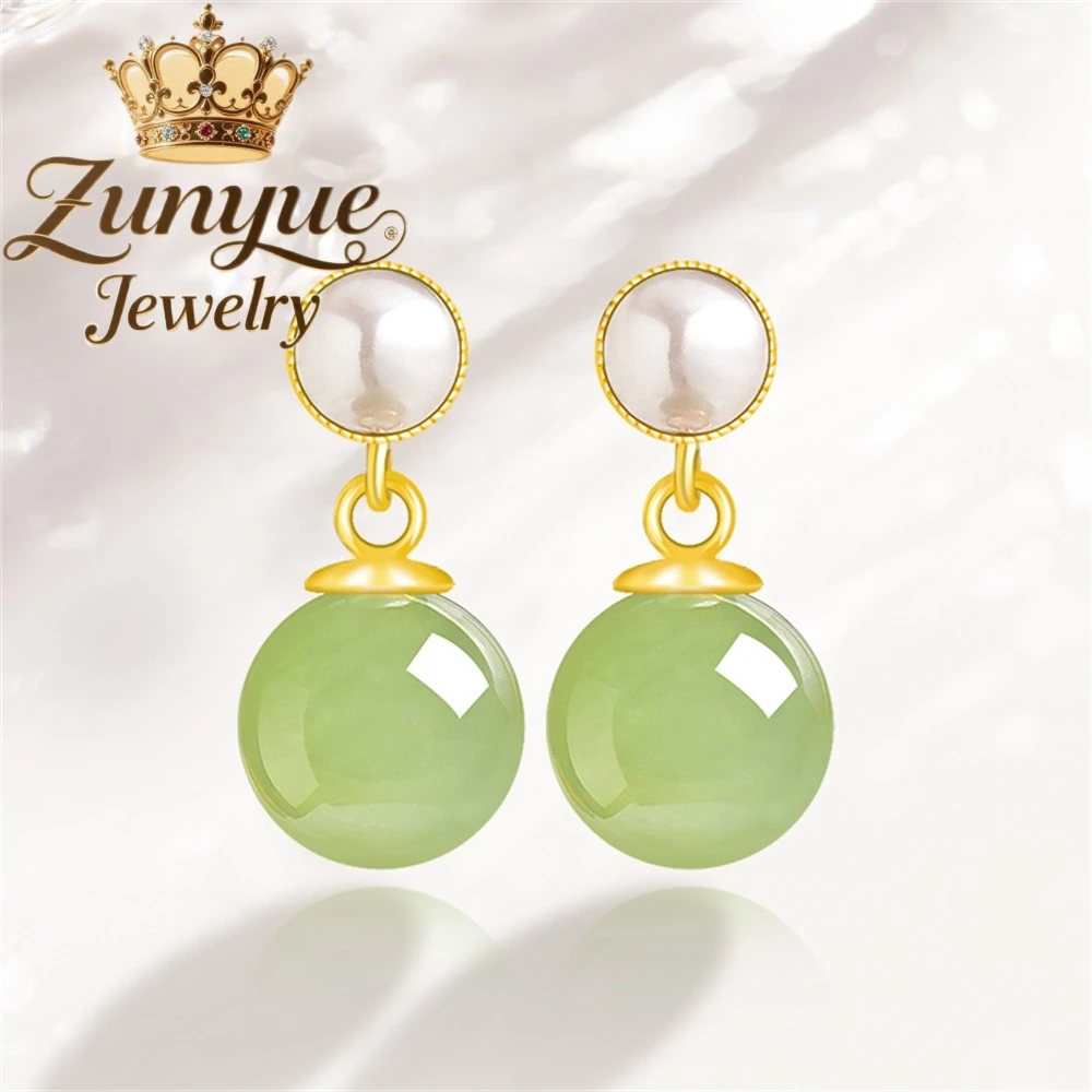 

Набор серег из натурального серебра S925 с круглыми бусинами из натурального хэтянского жадеита, модные и простые женские серьги, ювелирные изделия