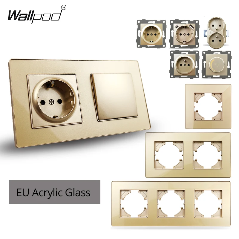 DIY Wall Electrical Socket EU French Plug, USB Type C Charging Ports, Gold Acrlic Glass Panel 1 2 3 Panel Gang, Wallpad L6
