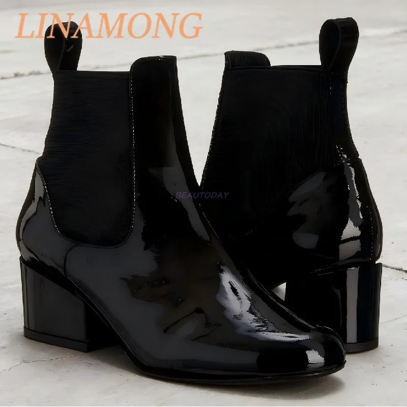 Knitted Leather Patchwork Short Boots Fashionable Patent Leather Shiny Surface Thick Heel Comfortable Handmade Ankle Boots