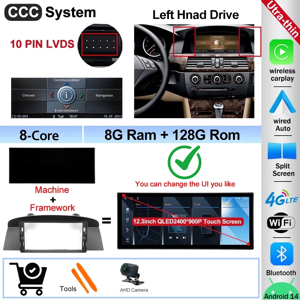 12.3" Ultra-thin Screen Android 16 BT for BMW 5 Series E60 E61 E62 2004-2008 CIC CCC System 4G Car Radio Video Multimedia Player image 3