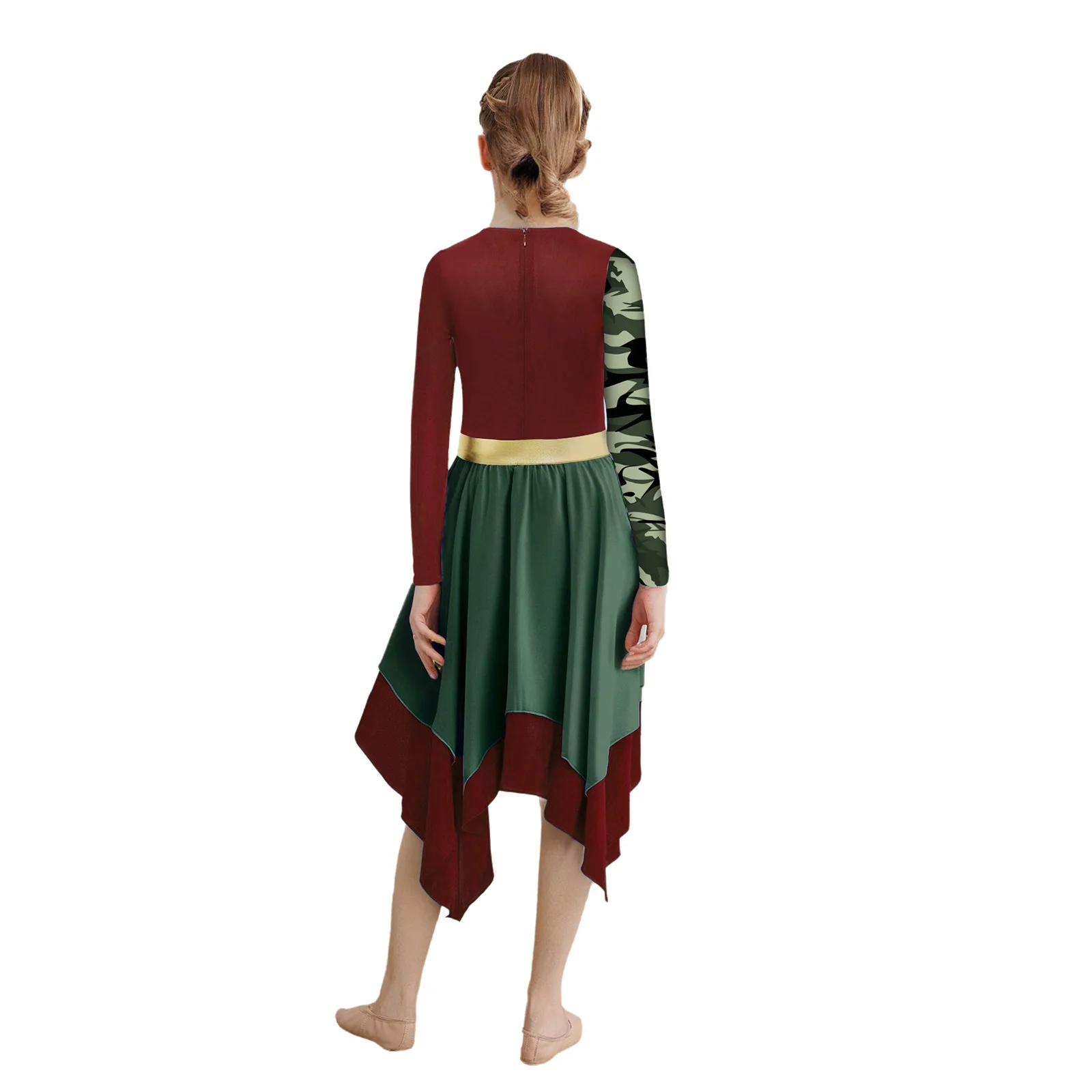 Kids Stylish Printed Dress Girls Long Sleeve Color Block Irregular Hem Worship Contemporary Praise Dance Performance Costumes