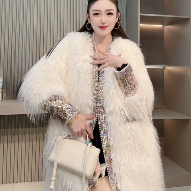 ใหม่ฤดูใบไม้ร่วงฤดูหนาวแฟชั่นขายดี Heavy-Duty หนัง Faux FUR Sequins Stylish หนาอ่อนเยาว์จับคู่กับพู่