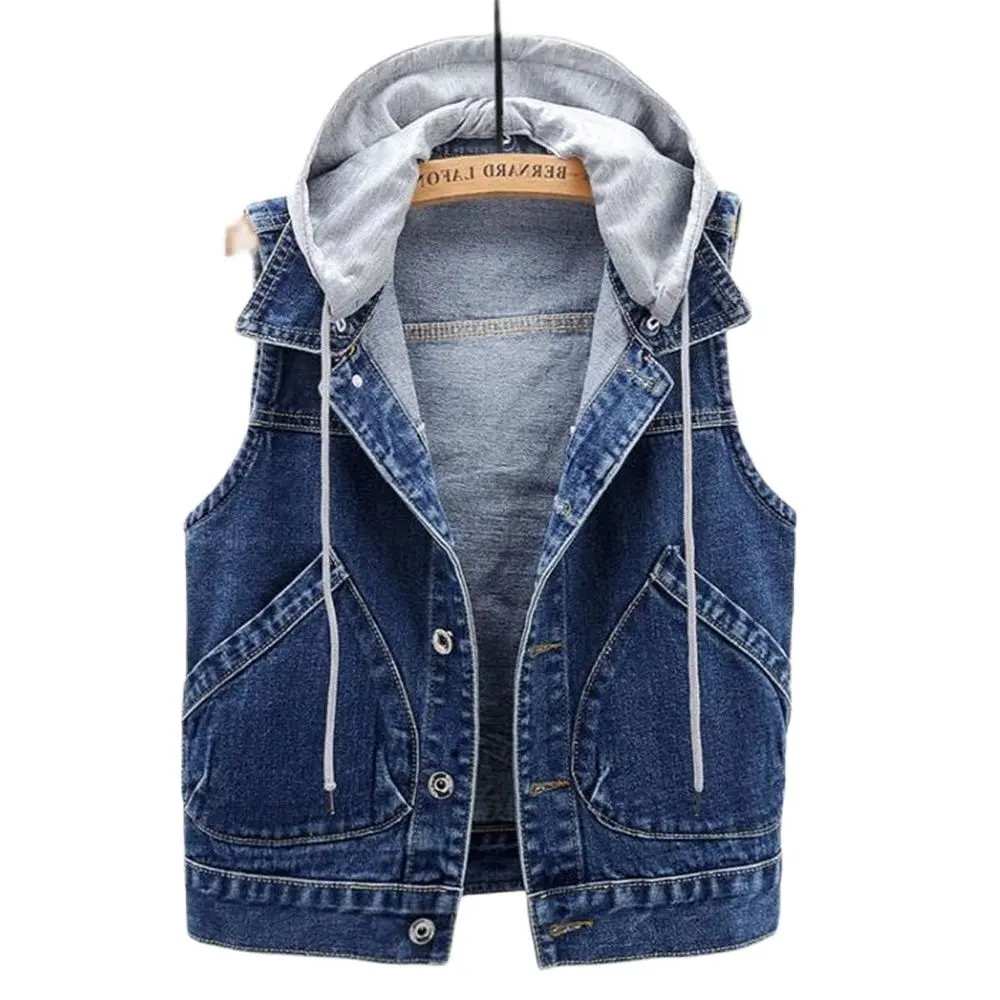 Denim Vests Women Short 2024 Spring New Hooded Big Pocket Sleeveless Jackets All-Match Slim Tops Cardigan Waistcoat Gilet Fall