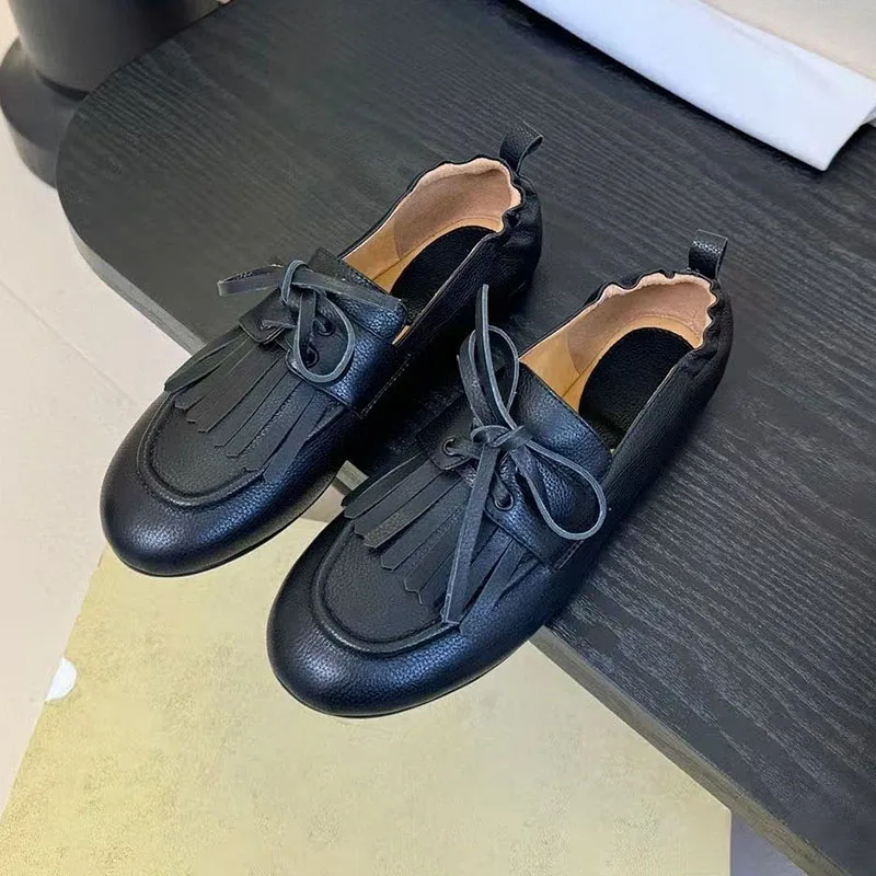 

New Flat Shoes Women's Round Toe Lace-up Design Mary Jane Shoes Summer Genuine Leather Tassel Decor Versatile Single Shoes