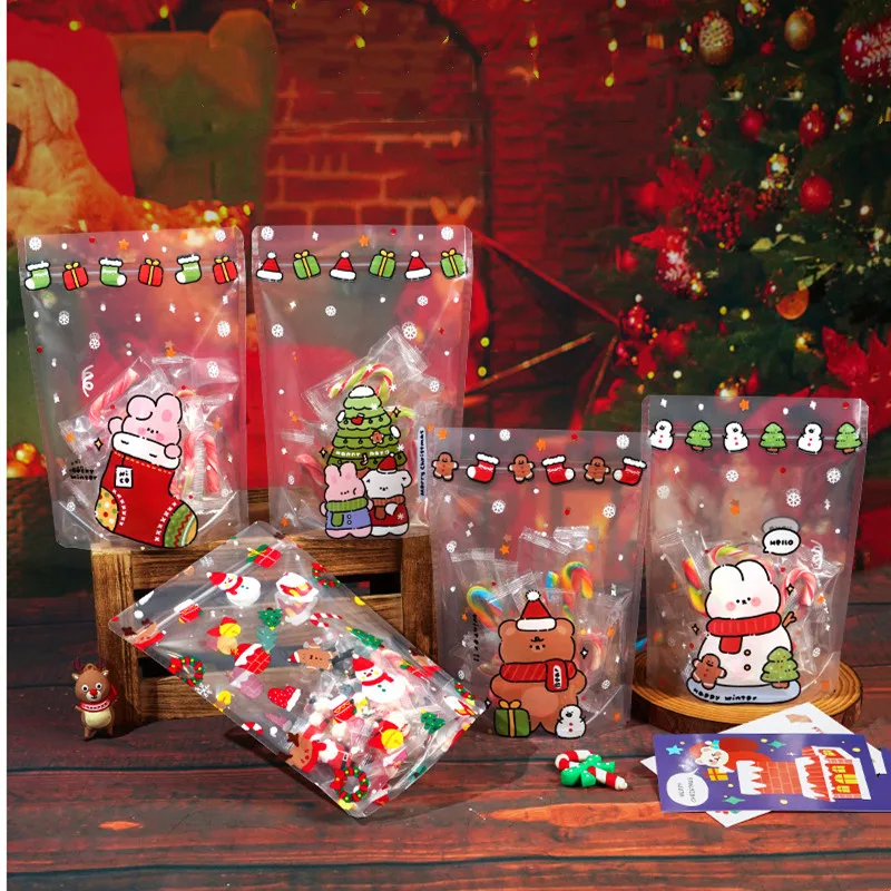 Transparent Christmas Theme Gift Bag Standing Zipper Bags For Candy Chocolate Cookie Nougat Biscuit Packaging Pouch Party Decor