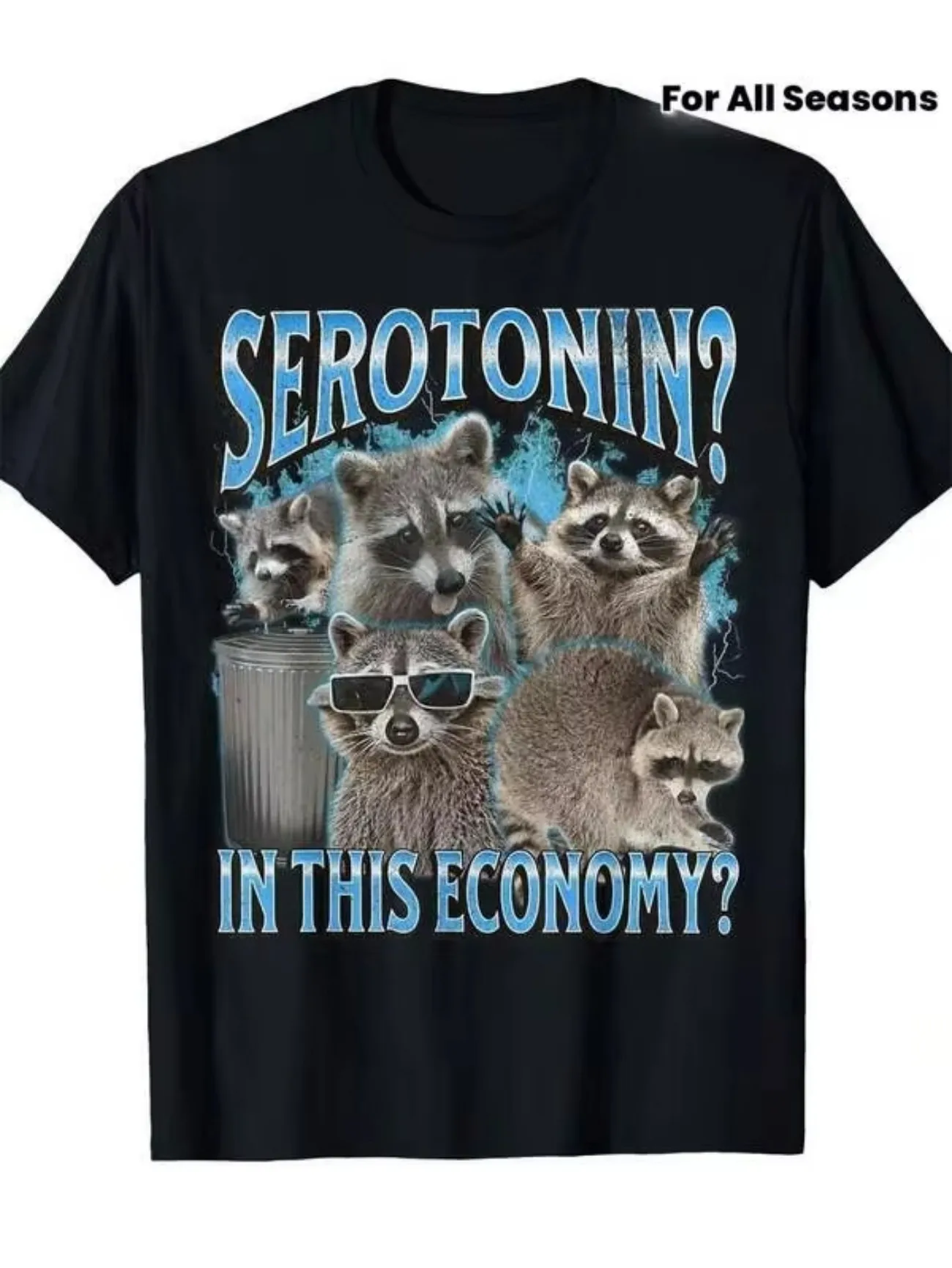 Y a-t-il de la sérotonine dans l'économie ? T-shirt noir à col rond avec motif raton laveur, avec lunettes et poubelle, lavable en machine, adapté aux hommes et aux femmes, pour toutes les saisons, T-shirt Raton Laveur