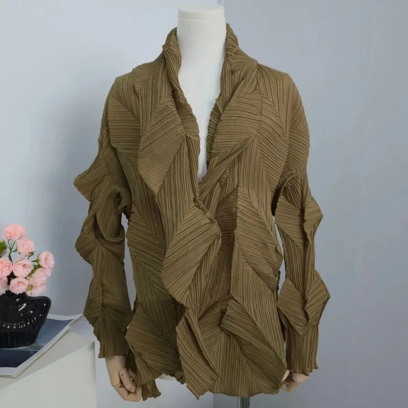 Miyake Pleated Niche Irregular Pleated Jacket Spring Summer New Unique Chic Outerwear Long Sleeve Solid Color Top for Women image 2