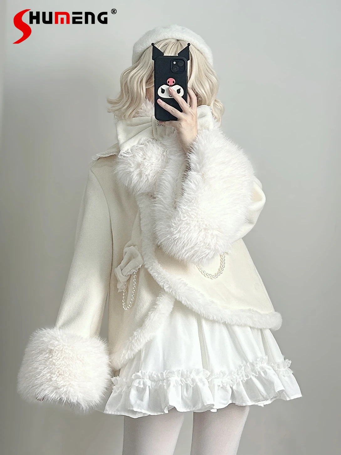 Original Design Mass Production Mine Short Black Woolen Coat  Female Bow Pearl Fur Collar Plush Thickened Lolita White Jackets