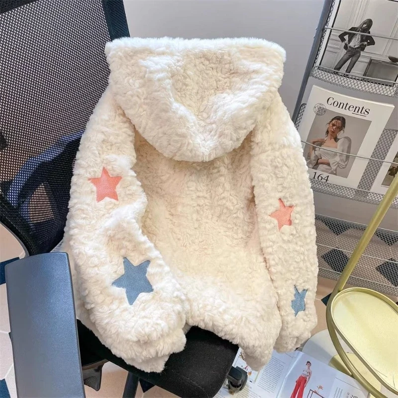 Sweet Cute Cartoon Bear Star Patch Fuzzy Fur Hooded Parka Women Petite Loose Fit Reversible Thick Warm Winter Outerwear 2026 New