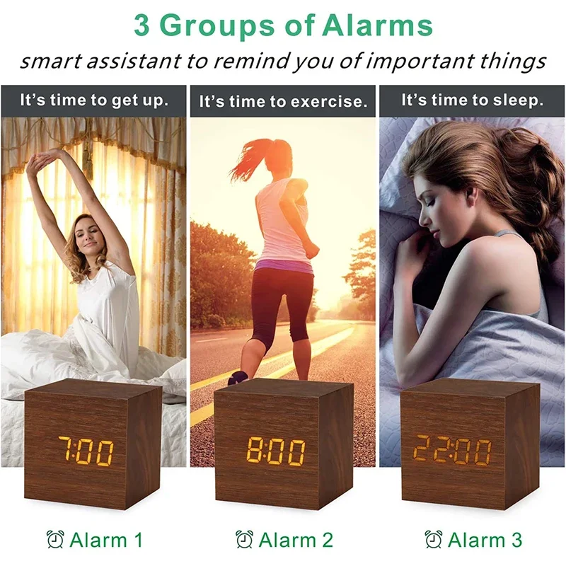 Wooden Digital Alarm Clock with Temperature Sound Control Electronic Clocks Desktop USB/AAA Powered LED Bedside Clock