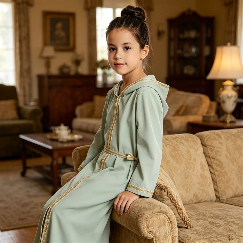 Vestido Abaya Muçulmano Infantil Preto com Capuz e Cinto Dourado, Kaftan Islâmico de Manga Longa para Meninas, Vestido Eid Djellaba Jalabiya
