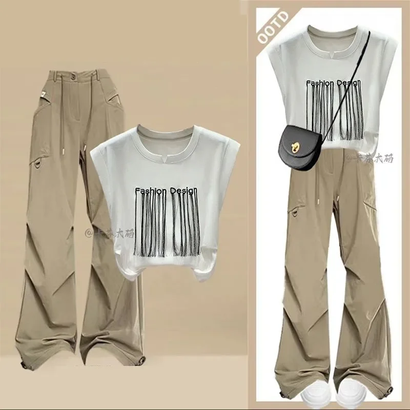 2024 Summer New Sportswear Matching Set Women\'s Korean Elegant Sleeveless T-shirt Top+Casual Cargo Pants Two Piece Female Suit