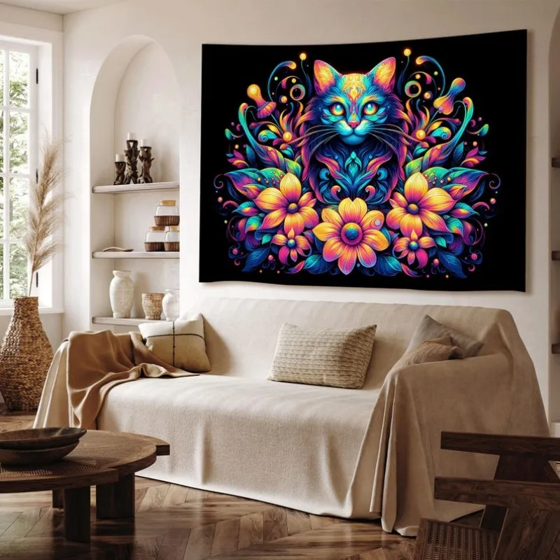 VIKAMA Psychedelic Cyber Style Black Light Cat Tapestry Psychedelic Flower Wall Hanging Bedroom Living Room Home Decoration