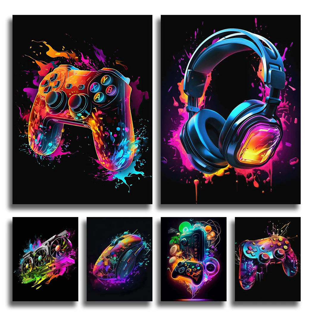 Pop Neon Video Game Character Wall Art Poster Gamepad Headset Soccer Mouse Canvas Painting Gaming Room Home Decor Neon Wallpaper