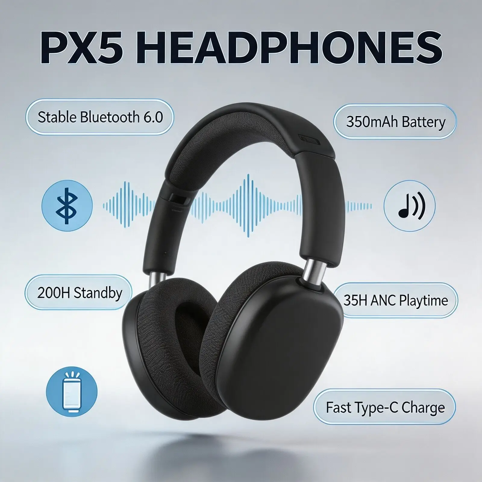 Over Ear Wireless Headphones Bluetooth 6.0 ANC Noise Cancelling 350mAh Type‑C Charging 35H Playtime Headset Gaming Music Travel