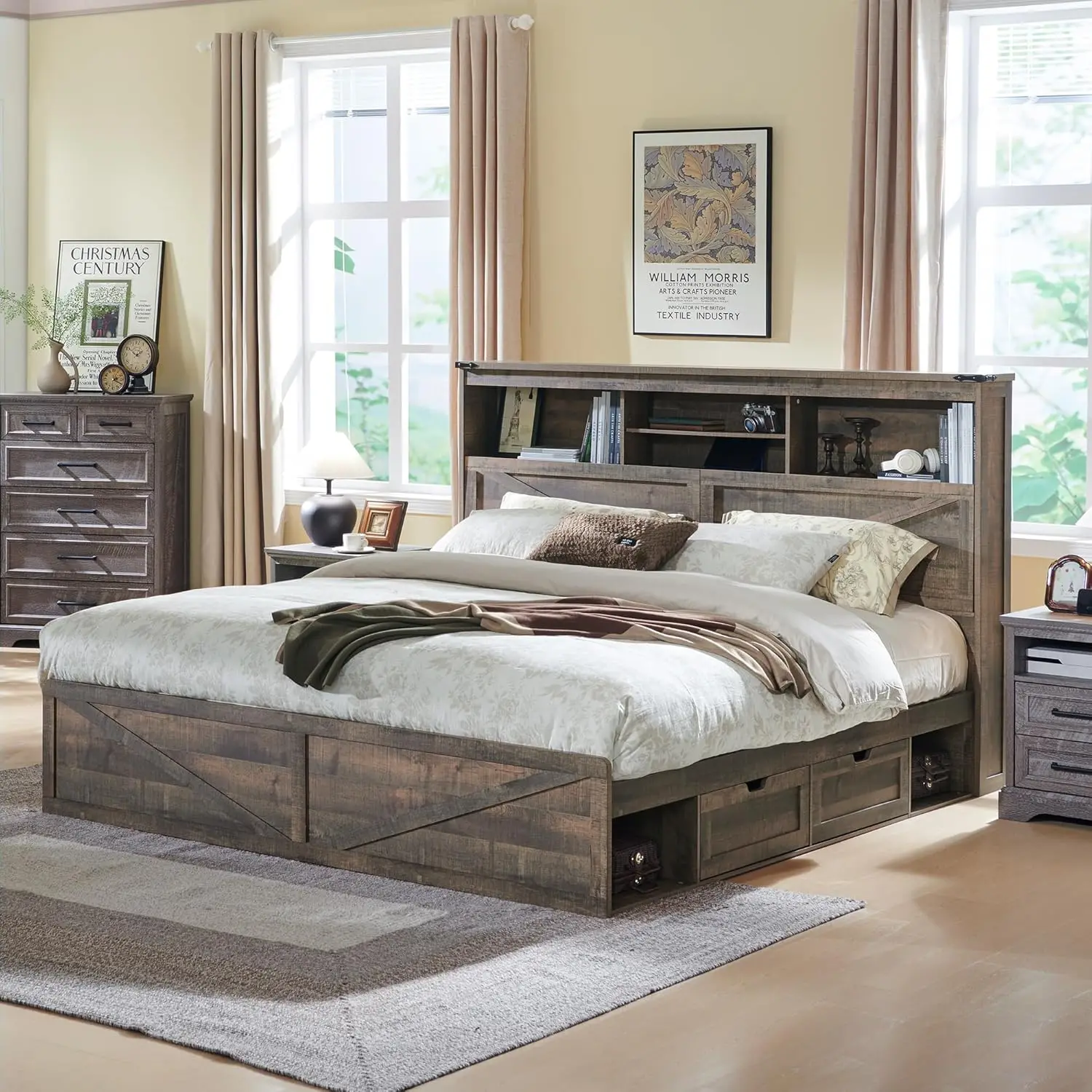 

Farmhouse King Size Wood Bed Frame with 52" Tall Storage Headboard and 4 Drawers,LED Light,Charging Station,Solid Wood Slats Sup