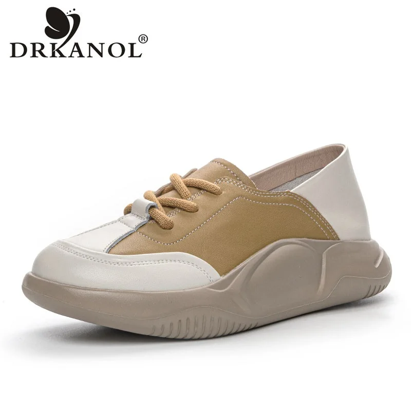 

DRKANOL 2024 Genuine Leather Mixed Colors Casual Sneakers Women Spring Lace-Up Thick Bottom Lightweight Platform Shoes Footwear