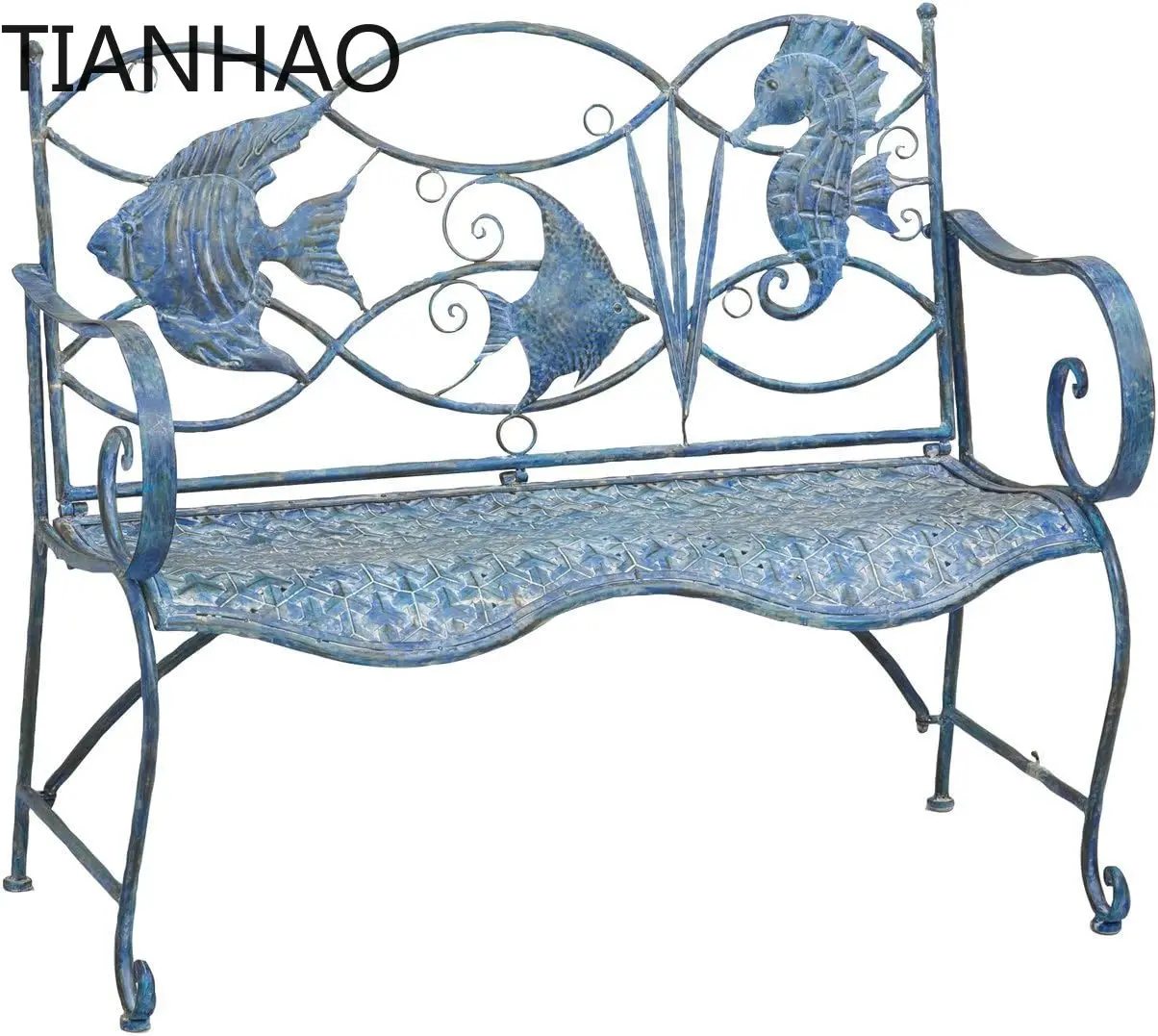 Weatherproof Blue Fish Coastal Outdoor Bench | Holds Up to 440 lbs | Furniture for Lawn Garden Patio Porch Park Deck | Coastal