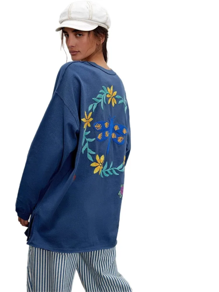 Women's Cartoon Embroidery Sweatshirts Ladies Chic Tops Long Sleeve O-neck Spring Autumn Female Fashion Casual Loose Pullovers