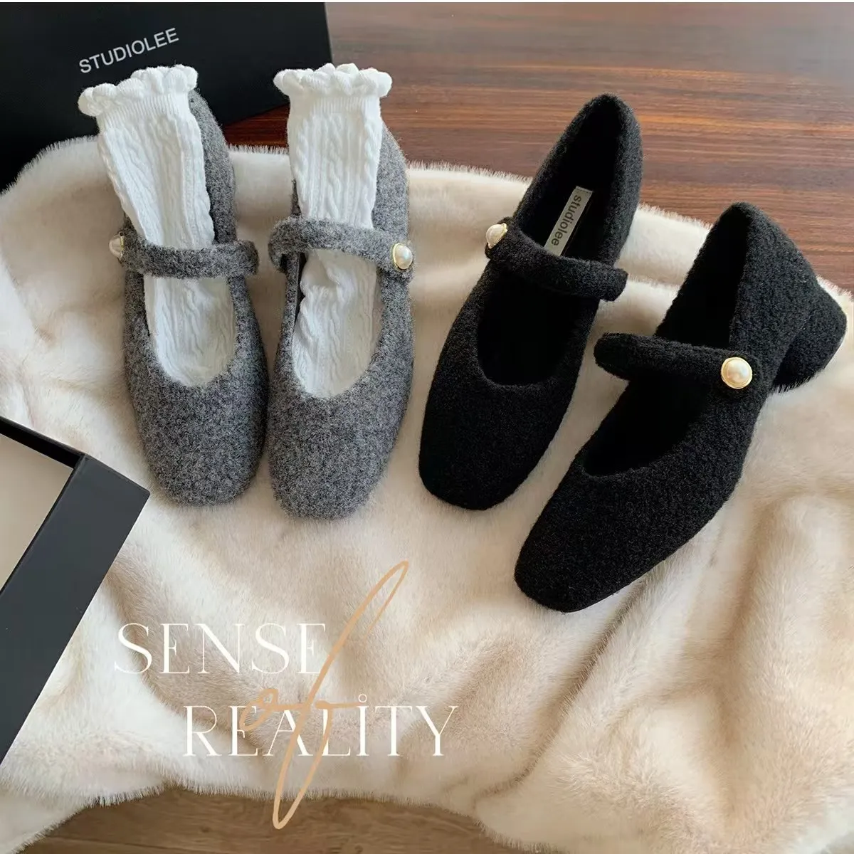 

Корейская верхняя одежда на высоком каблуке Мэри Джейн Single oes с водяным ромбовидным мехом нубу, весна-осень-зима