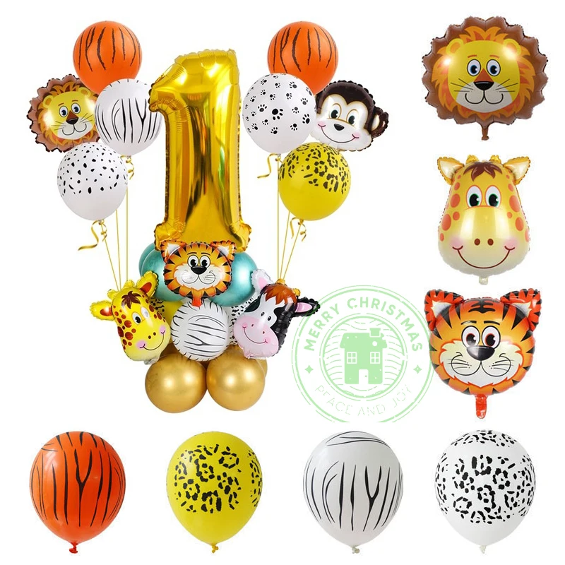 Baby Verjaardag Decoratie Ballonnen Set Dier Themafeest Aap Leeuw Tijger Koe Parti Latex Aluminium Film Digitale Ballon Decor