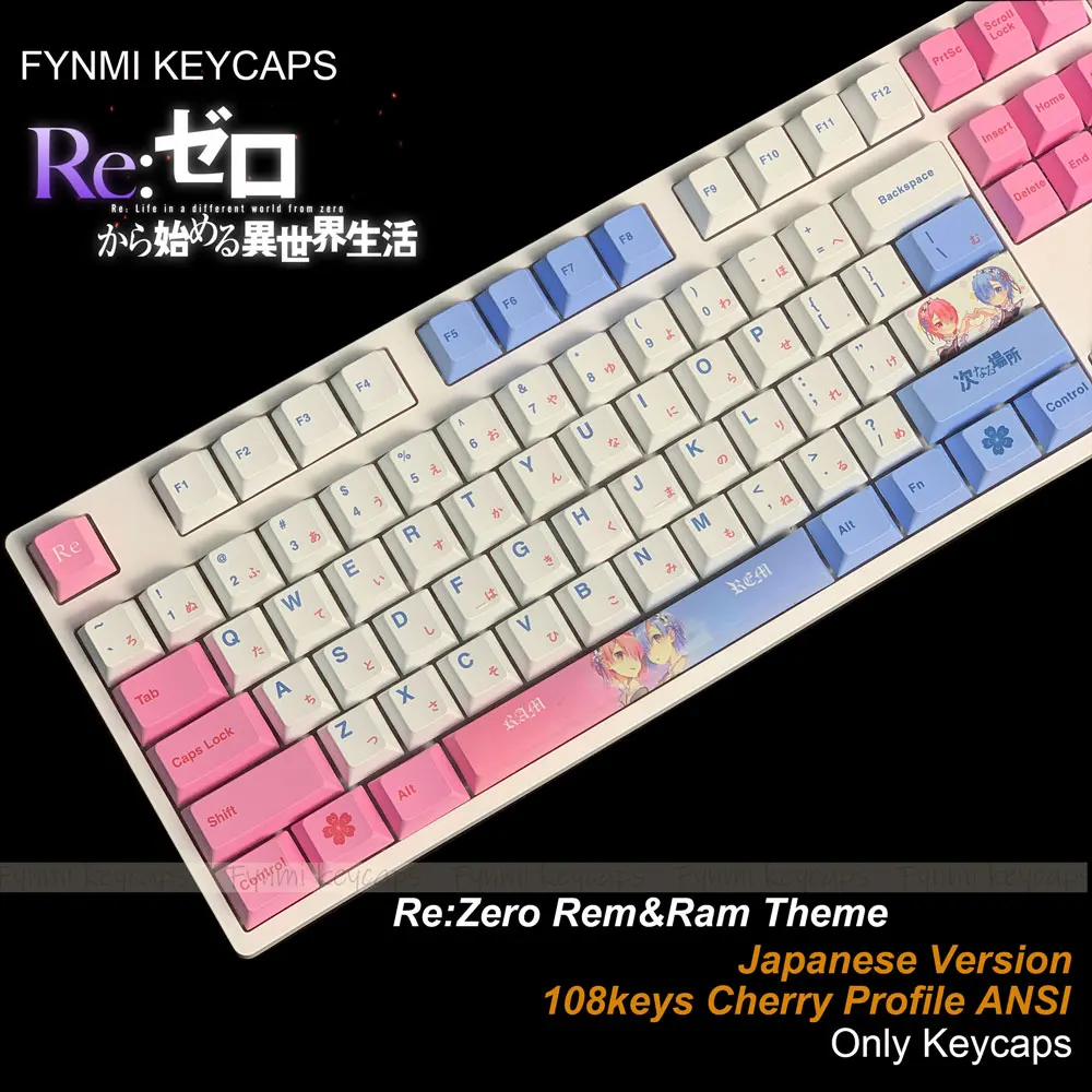 Колпачки для клавиш Rem Ram RE ZERO 108, колпачки для клавиш ANSI Cherry Proflie Dye Sublimation PBT от Fynmi, заводские колпачки для клавиш