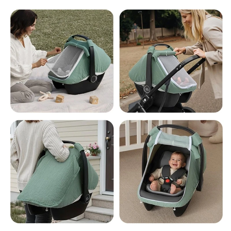 غطاء مقعد السيارة للرضع من القطن القابل للتنفس، مظلة حماية 360 درجة