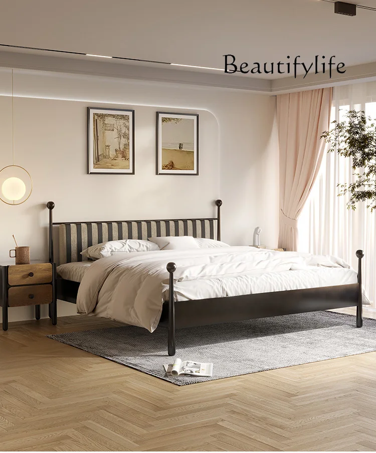 French Chinese Style Retro Double Bed Solid Wood Soft Back Bed Bedroom Marriage Bed Ash Wood