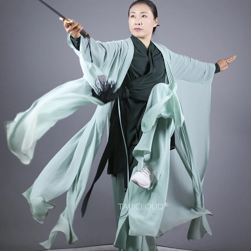 Celestial Green Women's Tai Chi Dress - Spring Summer Long Flowery Kung Fu Suit for Elegant Practice & Performance