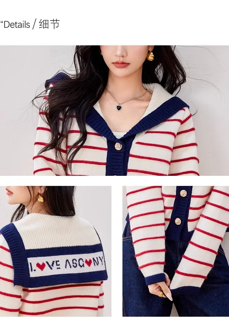 2024 New Sailor Collar Single-breasted Knitted Cardigan Women Lapel Striped Sweater Autumn Fashion Casual Coat Sweet Korean Tops