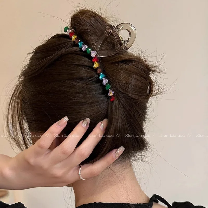 2023 Colored Rhinestone Heart Acrylic Hair Clip Hairpin Trendy Korean Rainbow Girls Hair Claws for Women Girls Headdress