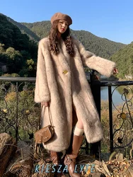 Fashion Faux Fur Long V-neck Thick Coat in Black with Luxurious Party show Fox Fur Cardigan Fur Lined Jacket 2024 New Winter