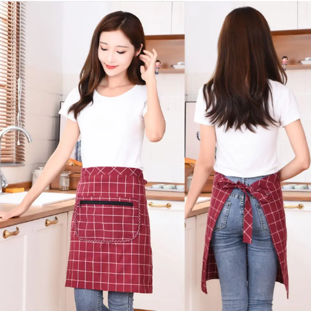 Cotton Kitchen Apron Thin Breathable Work Apron Antifouling Zipper Pocket Oil-proof Half-length Waist Pinafore Home Kitchen