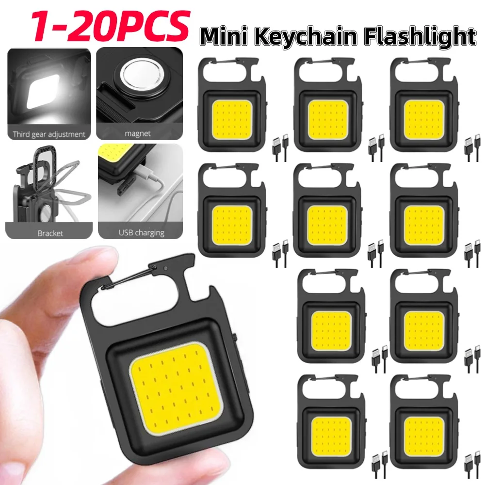 

1-20PCS Super Bright Keychain Flashlight Mini COB Work Light USB Rechargeable Outdoor Camping Fishing Pocket Lamps with Hook