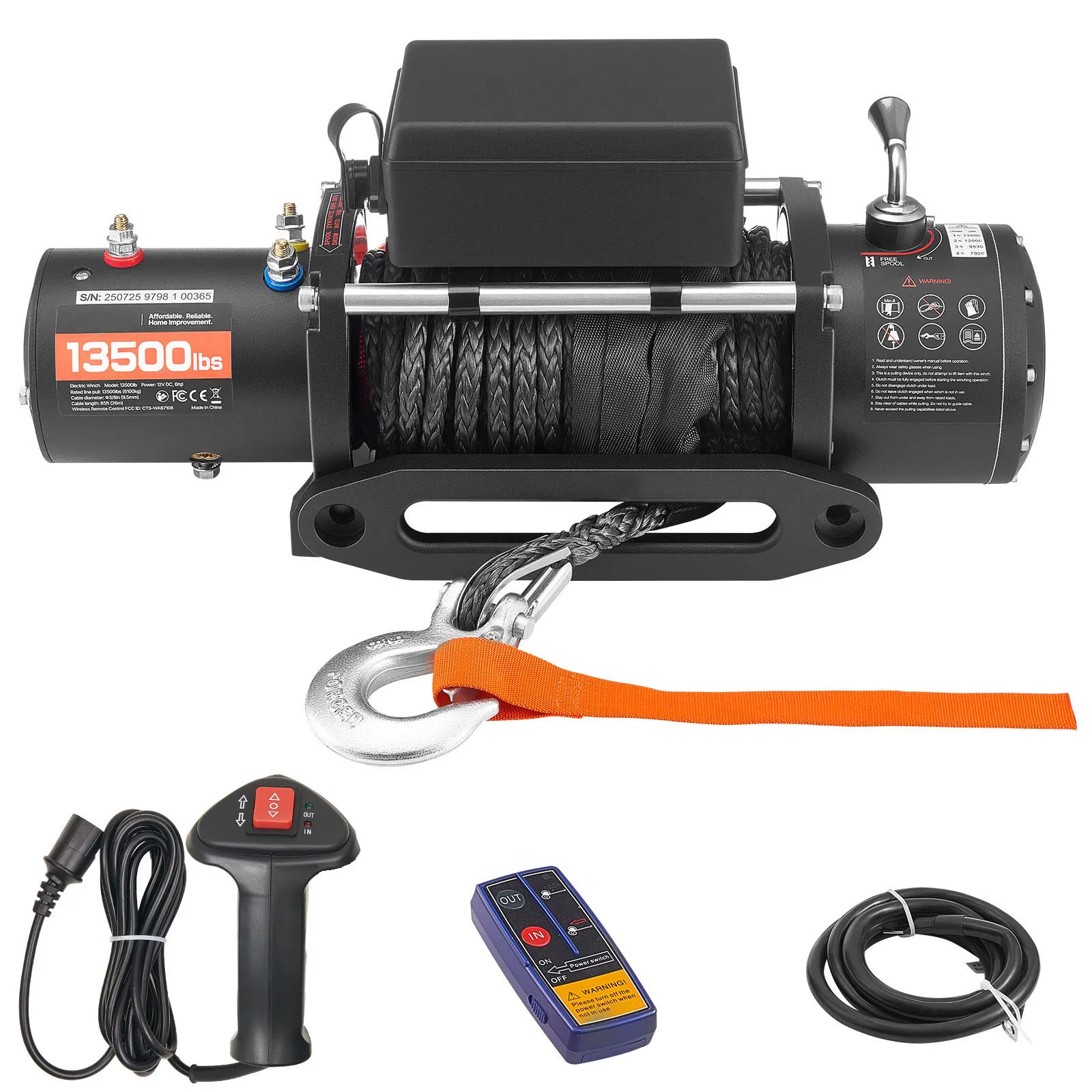 SucceBuy 13500 lbs Electric Winch 12V Synthetic Rope Car Winch with Wired Wireless Control for Towing SUV Off-Road Jeep Trailer