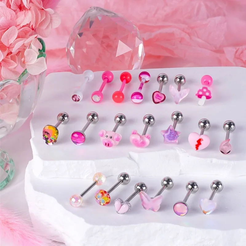 1pc Fishtail Pig Tongue Nail Tongue Ring Stainless Steel Baking Paint Mushroom Tongue Ring Sweet Body Piercing Jewelry